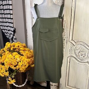Darls Very Unique Olive Green Kitty Graphic Bib Overalls Dress
